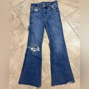 American Eagle Outfitters Distressed Blue Super Hi-Rise Flare Leg Jeans